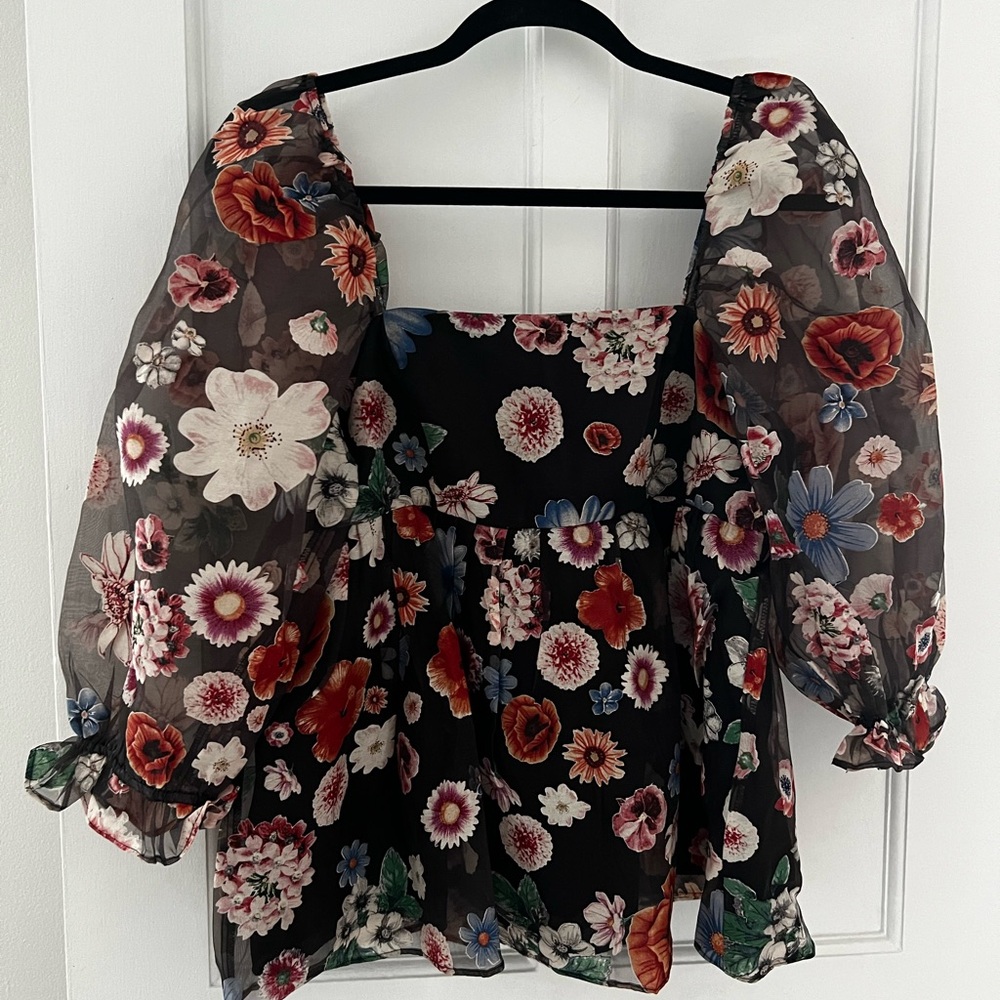 Storia Organza Floral Ruffled Blouse with Puff Sleeves